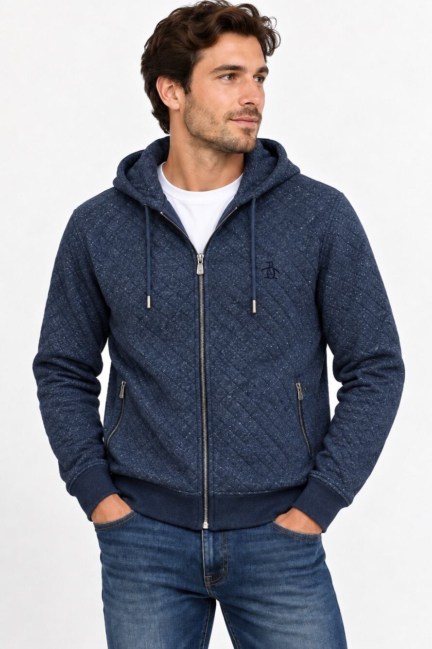Original Penguin Men’s M Diamond Quilted Full Zip Hoodie Navy Blue Flecked